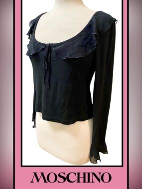 MOSCHINO Jean Black Top Drapey Ruffle Neckline & Sleeve 42 ( 10/8) Medium NEW